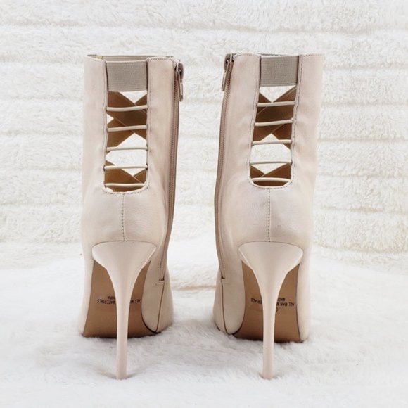 * Mona Mia Nude Peep Toe Wide Elastic Straps 4 3/4" Stiletto Heel Ankle Boots - Picture 8 of 9